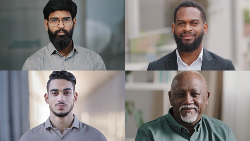Close-up diverse multiethnic men different ages looking at camera serious successful confident male businessmen colleagues partners group of various people posing portrait man split screen collage Royalty-Free Stock Footage #1098449527