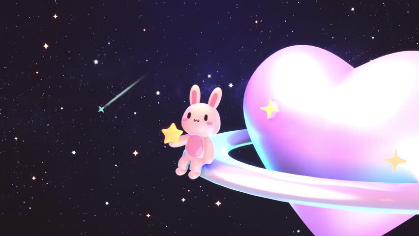Looped cartoon bunny sitting on a glossy heart planet watching shooting stars animation. Royalty-Free Stock Footage #1098449979