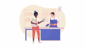 Animated contactless payment. Looped flat 2D characters HD video footage. Buying food. NFC colorful isolated animation on white background with alpha channel transparency for website, social media