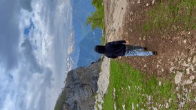 Vertical video. A young woman and her son tourists are visiting the Grlo Sokolovo canyon. A breathtaking sightseeing location in Montenegro