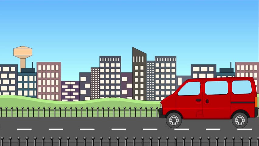bright red color van car passing on urban building background. simple 2d car animation. 