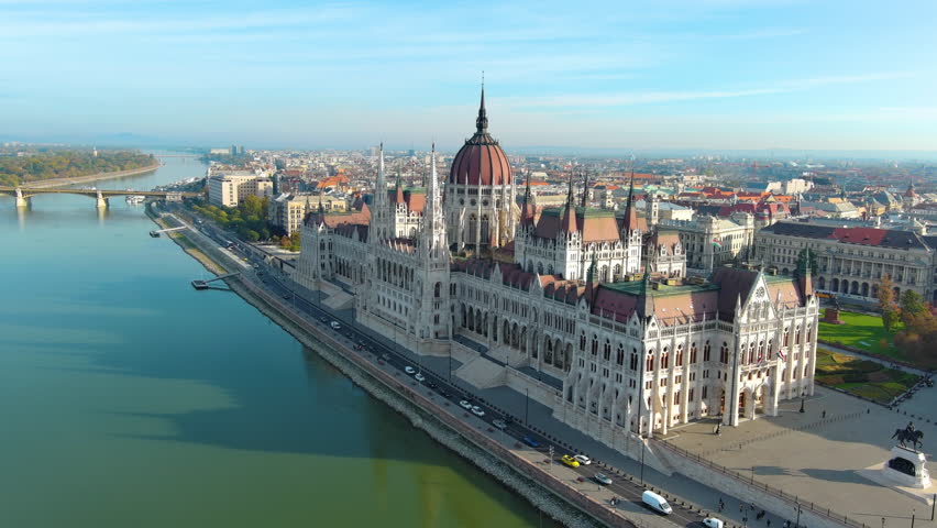 Aerial view of Hungarian Parliament Building in Budapest. Hungary Capital Cityscape at daytime. Travel, tourism and European Political Landmark Destination Royalty-Free Stock Footage #1098456953