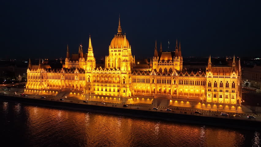 Establishing Aerial View Shot of Budapest, Hungarian Parliament Building at night, Hungary