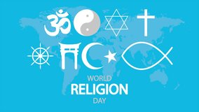 World Religion Day religious symbols on world map, art video illustration.
