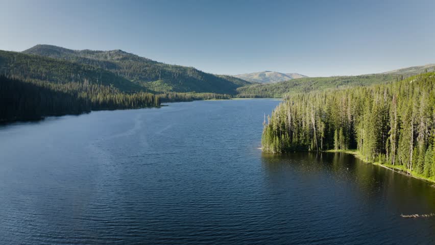 Aerial of Upper Payette Lake near McCall, Idaho in summer. July 2022.