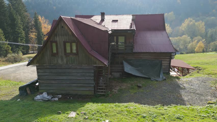 Mountain shelter. Aerial shot, autumn