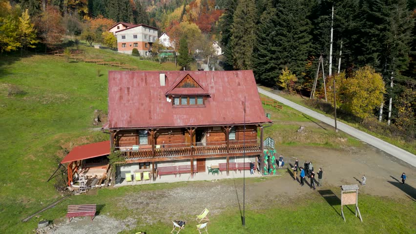 Mountain shelter. Aerial shot, autumn