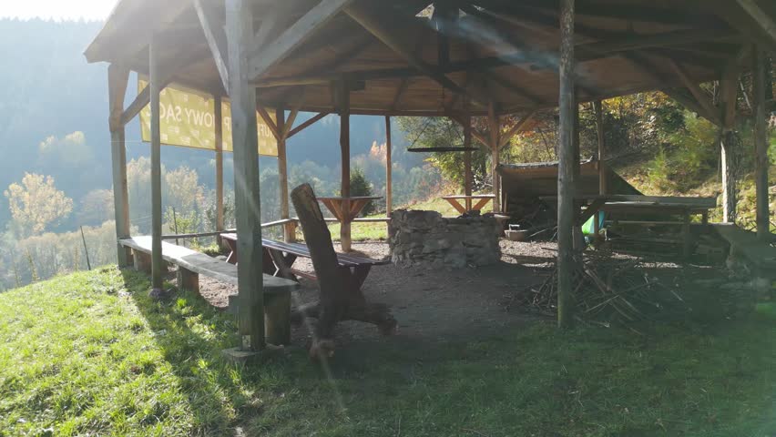 Mountain shelter. Aerial shot, autumn