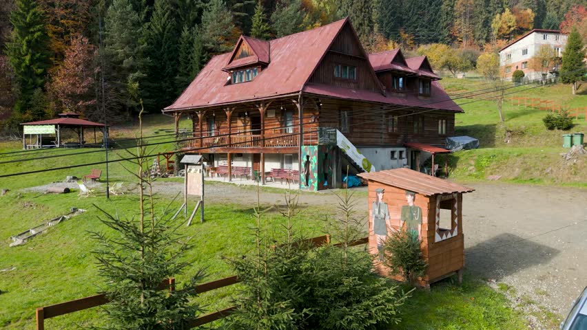 Mountain shelter. Aerial shot, autumn