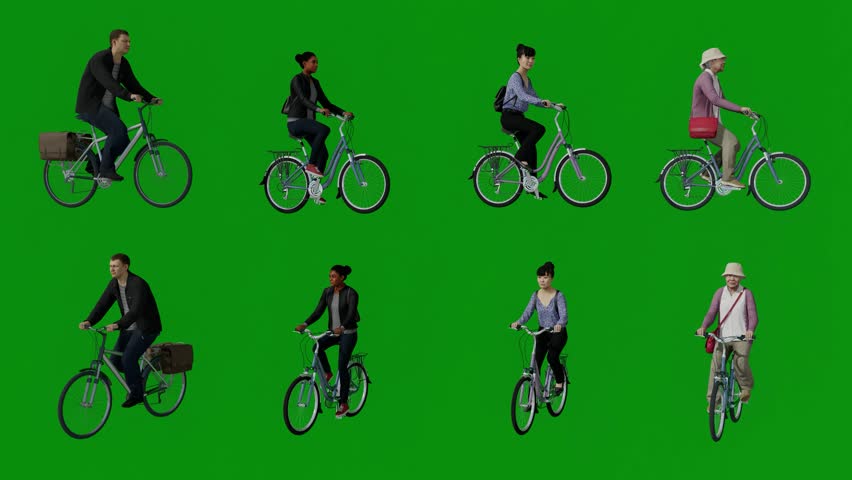 3D four postman women riding different bicycles on a green screen background driving with a gypsy bag and reading a newspaper from several different views with 4K quality Royalty-Free Stock Footage #1098461893