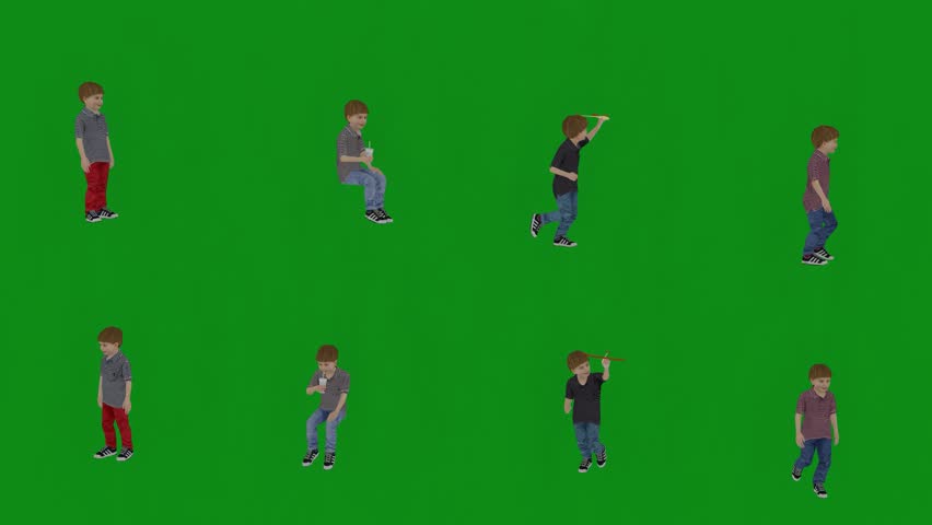 3D four different playful boys on green screen background playing and drinking while sitting and standing from several different views with 4K quality