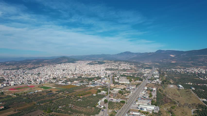 Aerial view of the city Lamia in Greece on an early morning in autumn
