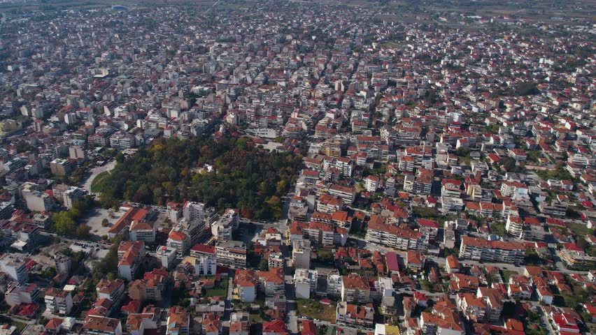 Aerial view around the city Karditsa in Greece on a sunny day in autumn	