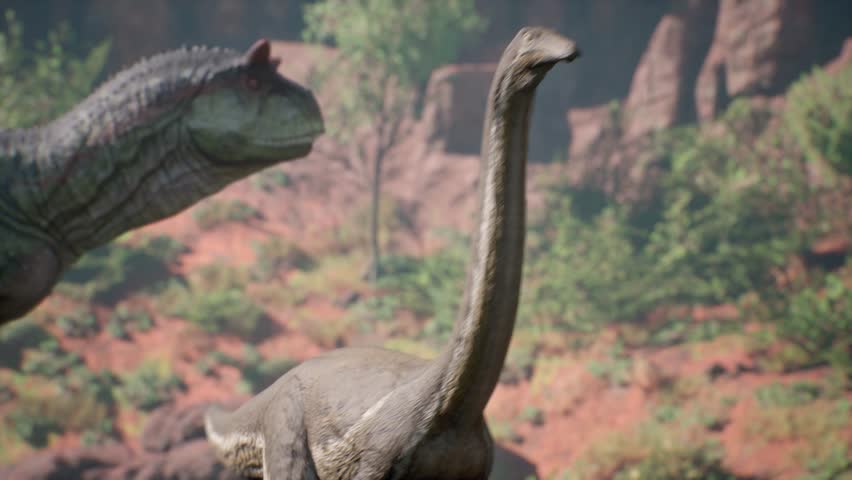 Gallimimus Dinosaur Walks among Carnotaurus Jurassic era 3D Animations Rendering CGI 4K | Shutterstock HD Video #1098472151