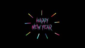 Happy New Year text with hand drawn firework celebration, animated video