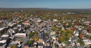 Early afternoon autumn fall aerial video of Saratoga Springs New York	