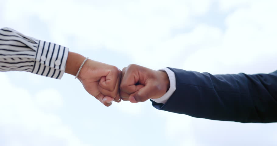 Handshake, fist bump and partnership with support and business people, solidarity and celebration with hello in team building. Partner, agreement and success with collaboration and motivation. | Shutterstock HD Video #1098483825
