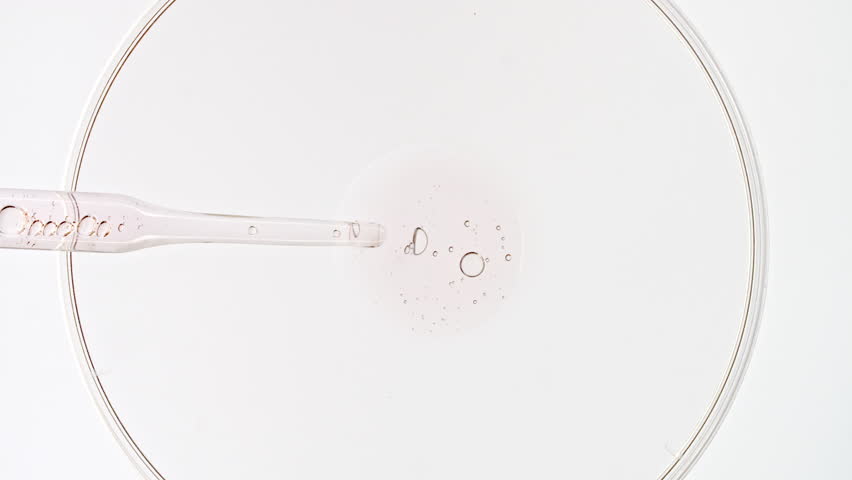 Transparent pink cosmetic gel fluid, serum with molecule bubbles oil in pipette drips into petri dish on a white background. Macro Shot of Natural Organic Cosmetics, Medicine. Close-up. Slow Motion Royalty-Free Stock Footage #1098488279