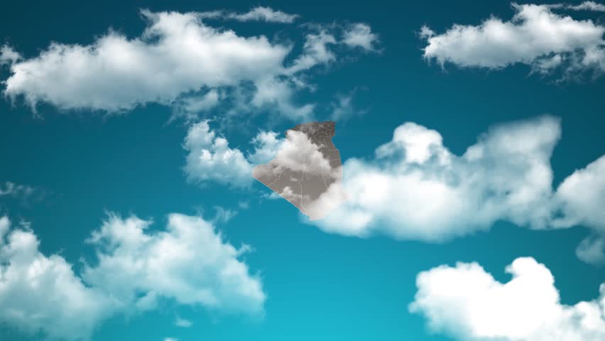 algeria country map with zoom in Realistic Clouds Fly Through. camera zoom in sky effect on algeria map. Background Suitable for Corporate Intros, Tourism, Presentations.