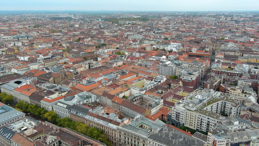 Aerial view of typical buildings of Budapest cityscape, cloudy day, Hungary