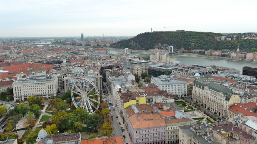 Establishing Aerial View Shot of Budapest, Hungary. Elisabeth Bridge or Erzsébet híd is the third newest bridge of Budapest, Hungary, connecting Buda and Pest across the River Danube