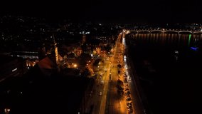Night city scene, aerial view of Budapest city skyline, Batthyány Square or Batthyány tér, a town square in Budapest. It is located on the Buda side of the Danube