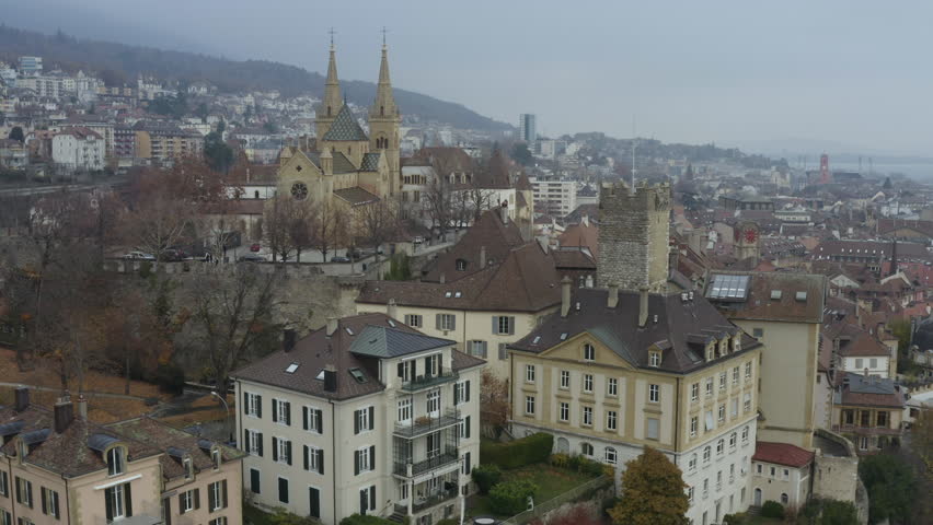 Aerial view of the Collegiate Church of Neuchatel in Switzerland. 4K