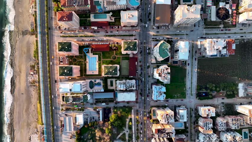 Colorful Panorama sunset over the city Aerial View 4 K Alanya Turkey