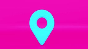 Shiny modern pink spinning map pointer. 3D rendering locator pin. Location symbol on pink background. Web location rotation point 4K animation.
