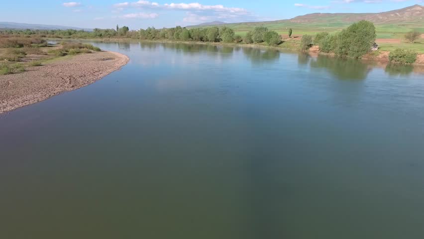 Aerial view of the still waters of the Mississippi Missouri river.