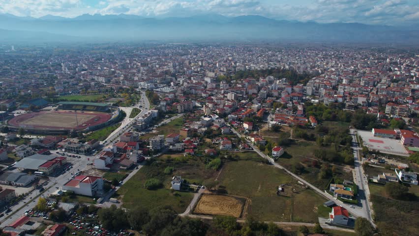 Aerial view of the city Karditsa in Greece on a cloudy day in afternoon
