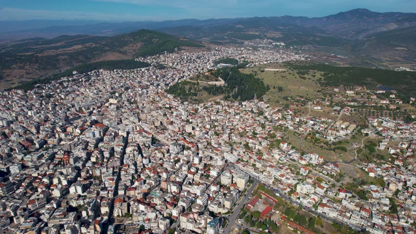 Aerial view of the city Lamia in Greece on an early morning in autumn