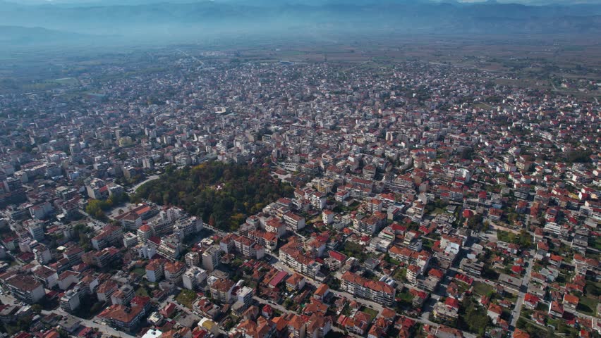 Aerial view of the city Karditsa in Greece on a cloudy day in afternoon