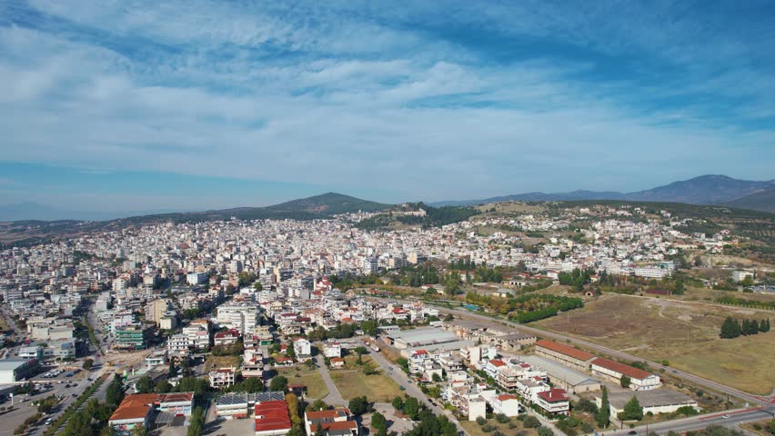 Aerial view of the city Lamia in Greece on an early morning in autumn