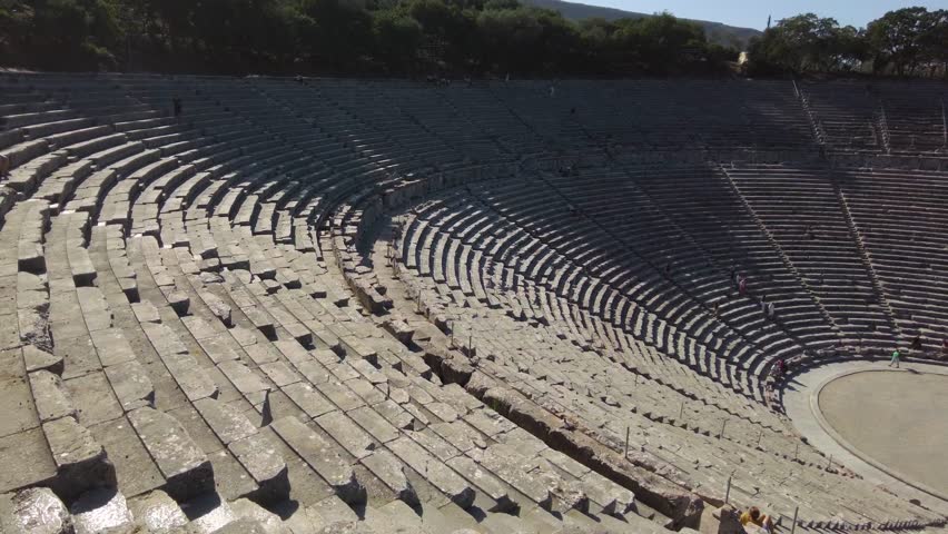 Walking around the amphitheater Kinortio Oros, Epidavros, Greece on a sunny day in autumn.