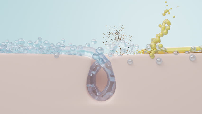 Cleaning pore, Water and bubble cleaning oil on skin and remove bacteria in pore hole. Acne prevent and Shrink pore concept. 3D rendering. | Shutterstock HD Video #1098515975