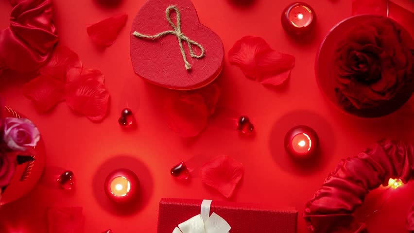 Valentines day romantic decoration with roses, boxed gifts, candles