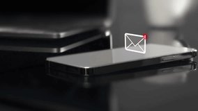 Text message received on mobile smart phone, animated envelope icon with laptop and coffee cup in background - Powered by Shutterstock - Get 15% off with code: PIKWIZARD15