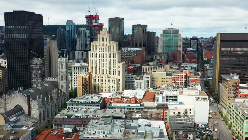 Aerial zoom from downtown Montreal, Quebec, Canada 4K