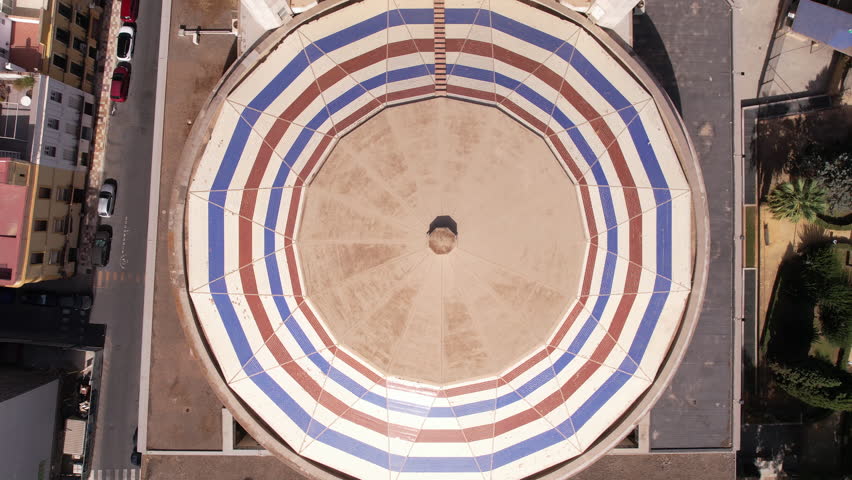 Teatro de la Maestranza, Seville, Spain. Top Down Aerial View of Circular Rooftop of Art Theater, High Angle Drone Shot