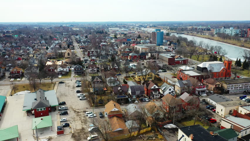 Aerial of Welland, Ontario, Canada on a cold day 4K