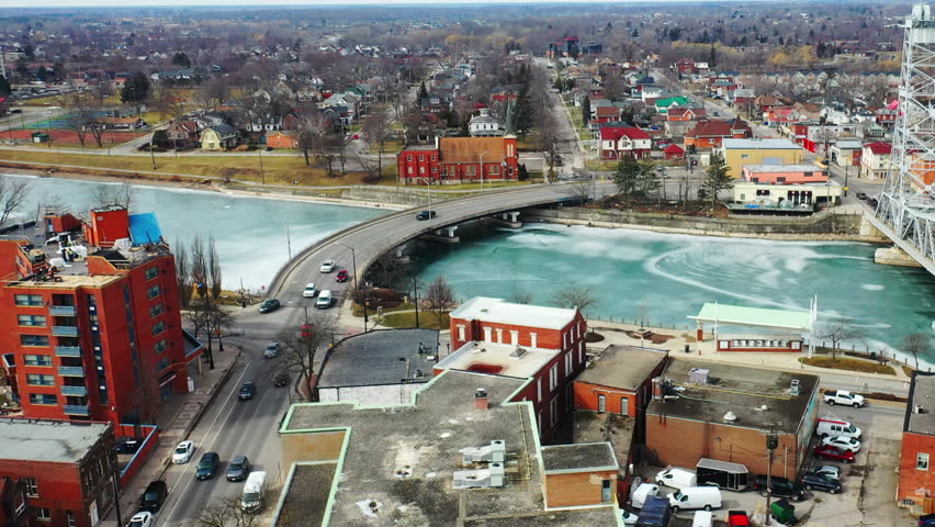 Aerial pan of Welland, Ontario, Canada downtown 4K