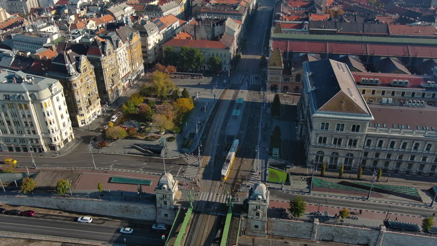 Aerial view of Budapest Great Market Hall and Fovam ter. Largest and oldest indoor market in Budapest, Hungary