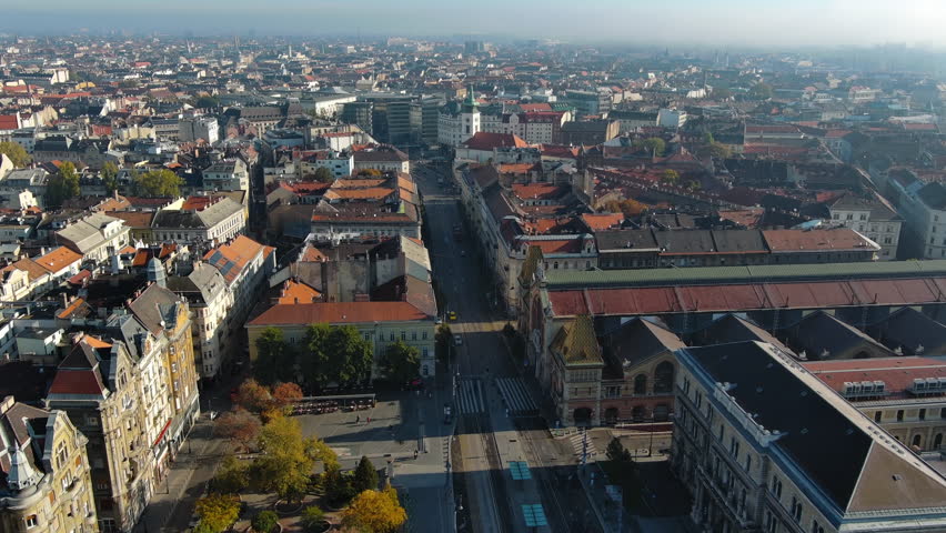 Aerial view of Budapest Great Market Hall and Fovam ter. Largest and oldest indoor market in Budapest, Hungary