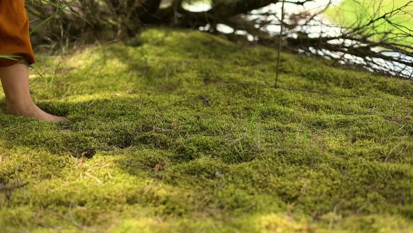 A girl hopping on soft moss. Comfort, coziness and health. Natural