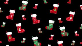 Animated Ornamental Christmas Socks Pattern Design Template. Motion Pattern Signboard Texture. 4K Animated Socks Rotating and Isolated on Black Background. Christmas and New Year Backdrop Design.
