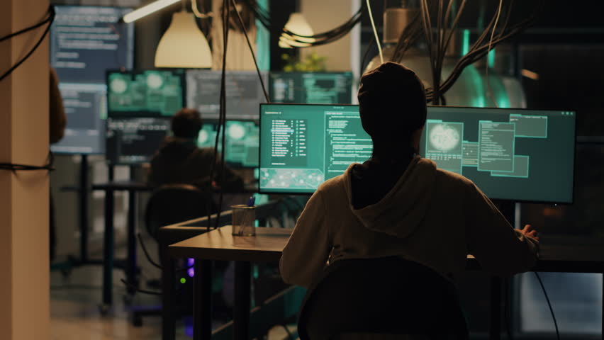 Male thief exploiting server vulnerability and breaking into firewall encryption, using hacktivism concept to steal information. Young man planting pc malware on computer system. Tripod shot.