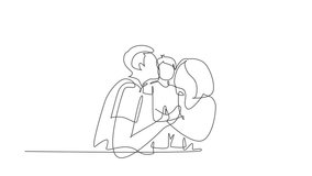 Animated self drawing of continuous one line draw parents kissing their little boy on his cheeks. Adorable child with an innocent expression. National children's day. Full length single line animation