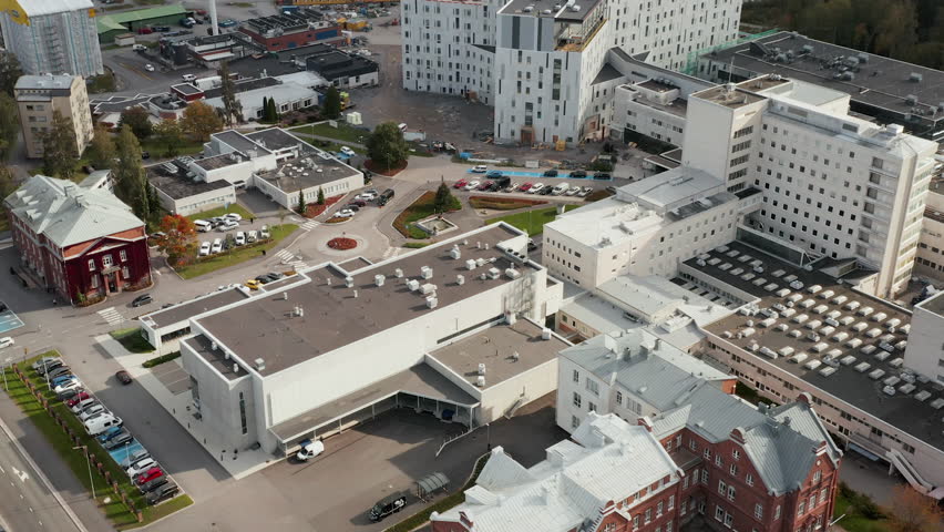 Aerial establishing shot of VCS - hospital of Vaasa region, Finland, Europe