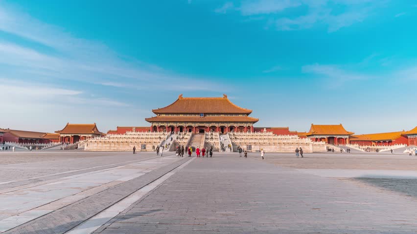 Beijing, China, time lapse view of historical landmark Forbidden City palace complex during summer.  The Forbidden City is one of the most visited tourist attractions in China.